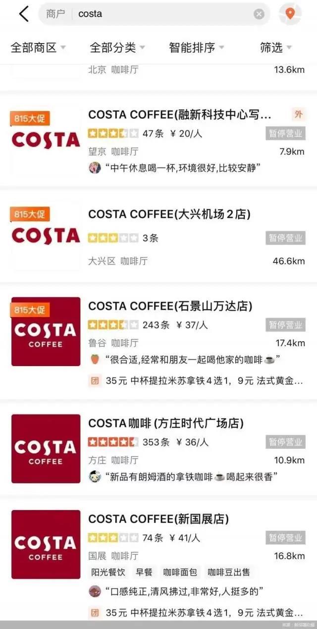 COSTA咖啡全面撤出了青岛市场 多个城市大面积关店!
